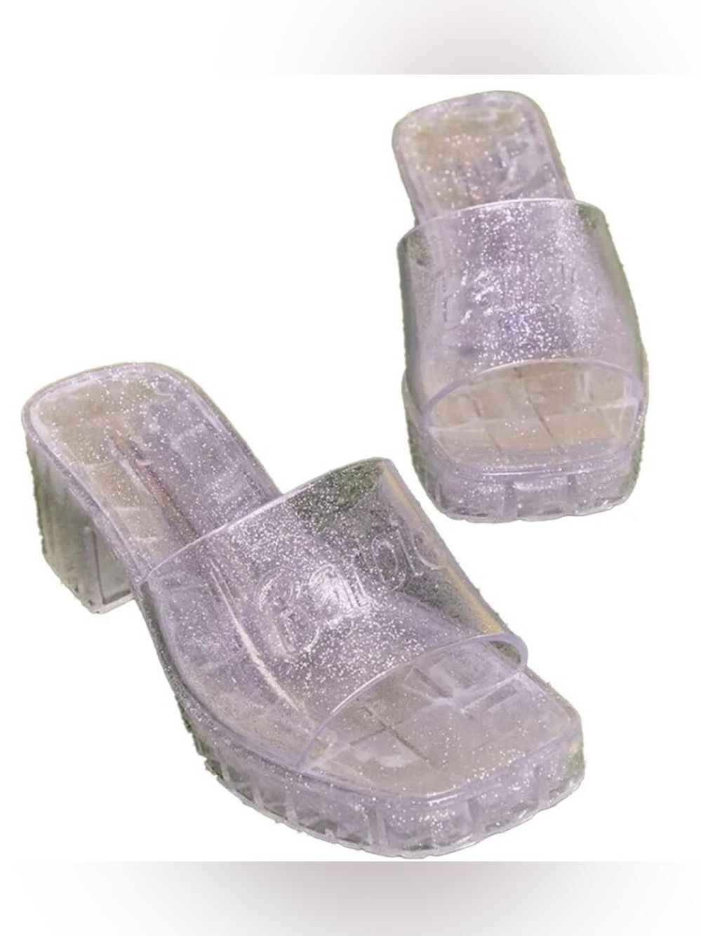 Barbie x Forever 21 Clear Silver Glitter Block Heel Slide Sandals - Size 8